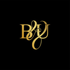 Initial letter B & U BU luxury art vector mark logo, gold color on black background.
