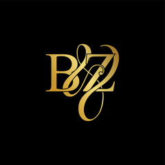 Initial letter B & Z BZ luxury art vector mark logo, gold color on black background.