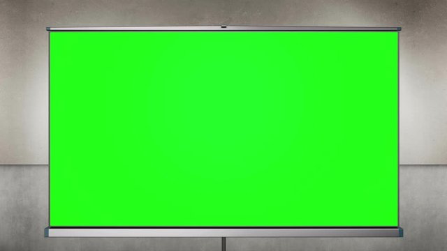 Projection cinema screen pull-down and camera zoom to green screen.  Concrete wall behind tripod. 60fps animation.