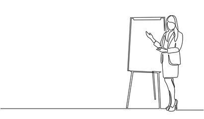 Continuous line drawing of a woman writing graph marketing executive on the board. business woman showing data. Meeting and marketing concept. Business woman presenting on white board.