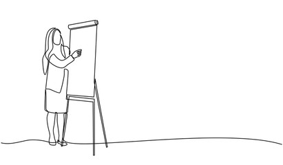 Continuous line drawing of a woman writing graph marketing executive on the board. business woman showing data. Meeting and marketing concept. Business woman presenting on white board.
