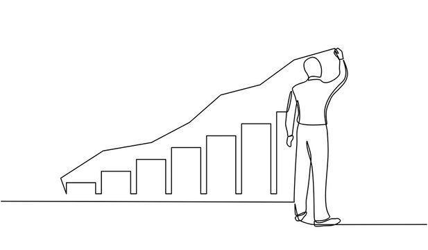recommend clip art: continuous line drawing of standing businessman drawing rising diagram. Design Illustration of the concept of business success through growth graph. Investor. Profit Stock Market. Business concept.