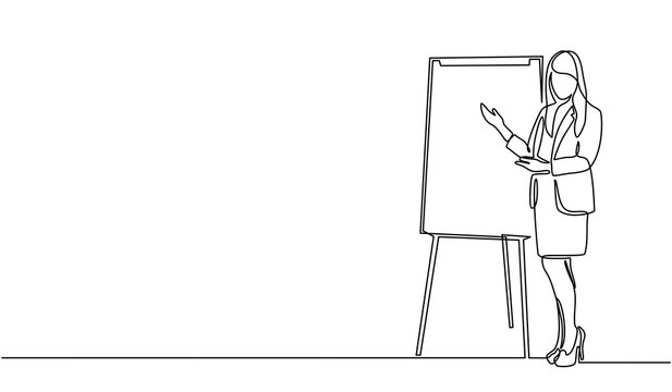 recommend clip art: Continuous line drawing of a woman writing graph marketing executive on the board. business woman showing data. Meeting and marketing concept. Business woman presenting on white board.