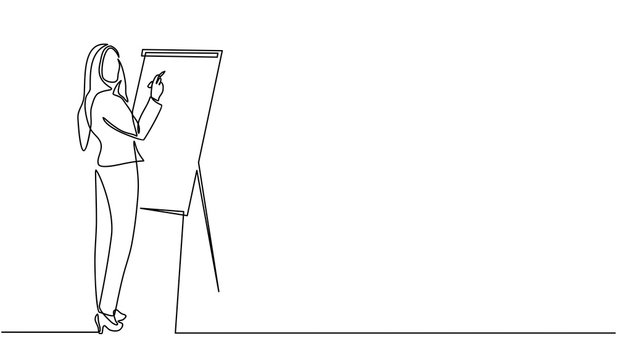 Continuous line drawing of a woman writing graph marketing executive on the board. business woman showing data. Meeting and marketing concept. Business woman presenting on white board.