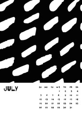 2020 July English Calendar Abstract Vector Hand Draw brush stroke black and white. Week starts Sunday. Monochrome minimalism style