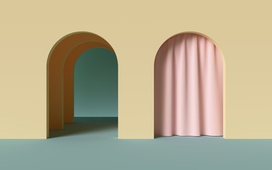 3d render, abstract minimalist geometric background, architectural concept, arch inside yellow wall, pink curtain, paper layers