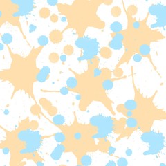 Abstract background with beige, blue splashes on white. Colorful pattern for fabric, design, fashion, print, textile. Merry spots, blots. Holi colors festival motifs. Funny print for spring, summer