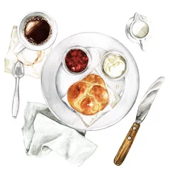 Gardinen Leichtes Frühstück - Kaffee, Brötchen, Aufstrich. Aquarellillustration © nataliahubbert