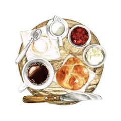 Gardinen Leichtes Frühstück - Kaffee, Brötchen, Aufstrich. Aquarellillustration © nataliahubbert