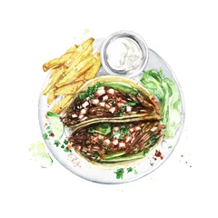 Zelfklevend Fotobehang Taco& 39 s en frietjes. Aquarel Illustratie © nataliahubbert