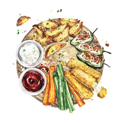 Bar Snacks Platter. Watercolor Illustration