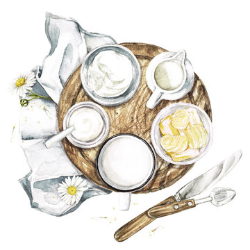Dairy Products - Countryside Style. Watercolor Illustration