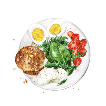 Healthy Breakfast - bread, eggs, cheese, greens and tomatoes. Watercolor Illustration