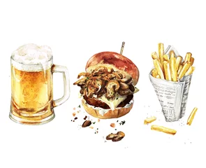 Fotobehang Combinatie hamburger, bier, friet. Aquarel Illustratie © nataliahubbert