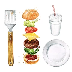 Keuken spatwand met foto Hamburger, frisdrank, spatel, plaat. Aquarel Illustratie © nataliahubbert