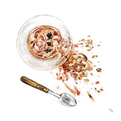 Spilled bowl of Soup. Watercolor Illustration