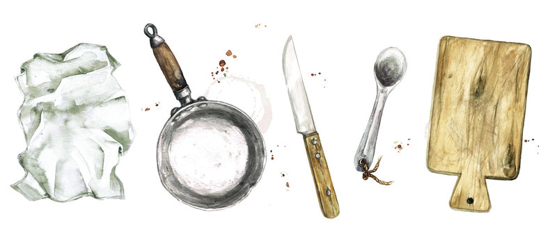 Old Rustic Cookware. Watercolor Illustration
