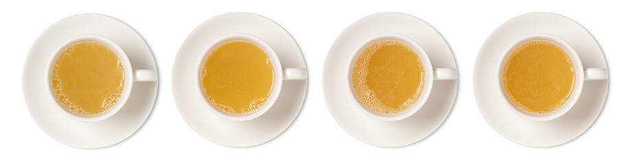 Cup of ginger tea assortment top view collection isolated on white background.