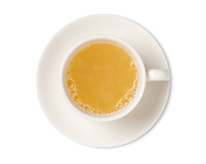 Cup of ginger tea isolated on white background top view. with clipping path.