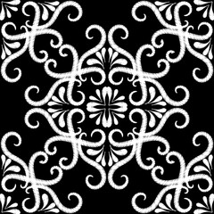 Embroidery black and white vintage seamless pattern. Vector ornamental Damask background. Textured floral ethnic ornament with tapestry flowers, leaves, swirls. Paisley flowers. Embroidered texture