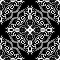 Damask black and white vintage vector seamless pattern. Ethnic greek style ornamental background. Hand drawn floral ornate arabesque ornament. Greek key, meanders, lines, curves, flowers, swirls.