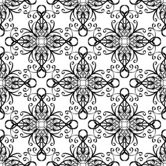 Ethnic style black and white vector lines seamless pattern. Hand drawn line art tracery doodle arabesque ornament. Monochrome patterned white background. Elegance vintage isolated artistic design.