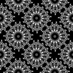 Lace ornamental black and white vector seamless pattern. Floral ethnic lacy ornament. Vintage monochrome background. Repeat endless ornate texture. Intricate line art tracery doodle design.