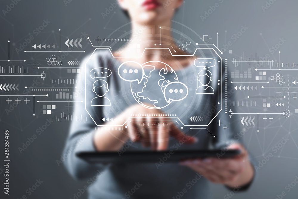 Aufkleber learning language concept with business woman using a tablet computer