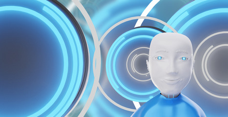 one friendly robot in front of technology lights background 3d-illustration
