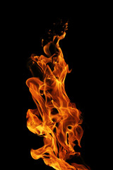Fire flames isolated on black background, movement of fire flames