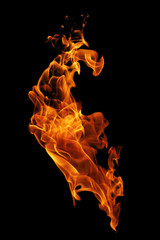 Fire flames isolated on black background, movement of fire flames