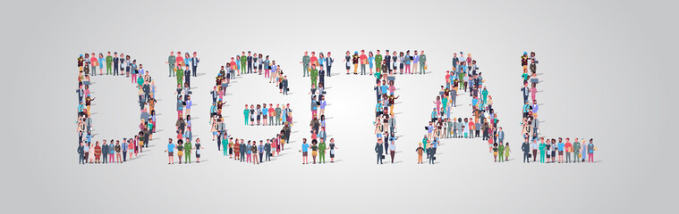 people crowd gathering in shape of digital word different occupation employees mix race workers group standing together social media communication concept flat horizontal