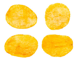 Potato chips assortment top view collection isolated on white background.