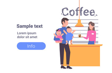 father with little son and daughter at cafe counter taking coffee family having fun spending time together flat full length horizontal copy space