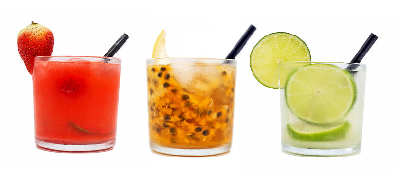 caipirinha white background. Lemon, strawberry and passion fruit caipirinha. Tropical flavors