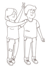 Teenagers friends smiling and having fun cartoon in black and white