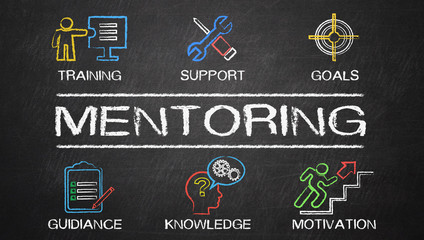 mentoring concept chart with keywords and icons drawn on blackboard - obrazy, fototapety, plakaty