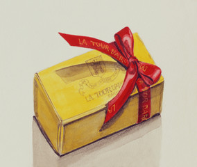 赤いリボン付き　お菓子の箱　水彩画