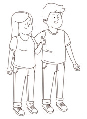 Teenagers friends smiling and having fun cartoon in black and white