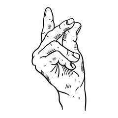 Snap Fingers sign. Black color.  Hand drawn vector illustration. Engraving style. Isolated on white background.