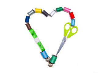 Tools accessories for needlework and sewing with thread, scissors, thimble, needle threader and tape measure