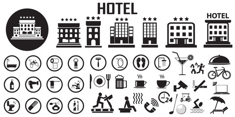 hotel bed room travel vacation service illustration flat icons. mono vector symbol.