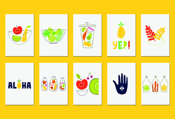 Hand drawn flat fruits with line dishes. Vector kids cards set.
