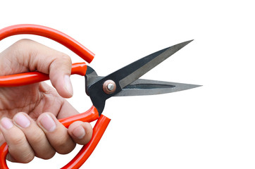 Man holding pair of sewing scissors isolated on white background, closeup