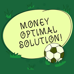 Text sign showing Money Optimal Solution. Conceptual photo The best solution for a company to solve a problem Soccer Ball on the Grass and Blank Outlined Round Color Shape photo