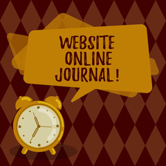 Conceptual hand writing showing Website Online Journal. Business photo showcasing periodical publication published in electronic format Rectangular Speech Bubble Overlay and Analog Alarm Clock