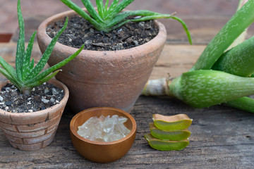 Fresh aloe vera stem slices and gel on wooden table, skin therapy concept