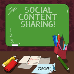 Word writing text Social Content Sharing. Business concept for spreading of webpage and blog content in social media Mounted Blank Color Blackboard with Chalk and Writing Tools Sheets on Desk