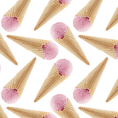 Strawberry ice cream in crisp waffle cones as seamless decorative pattern isolated on white background, mock up.