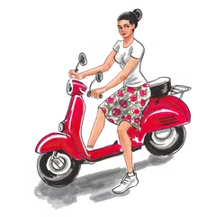 Foto op Plexiglas Pretty girl riding a red vintage scooter. Ink and watercolor illustration © berdsigns